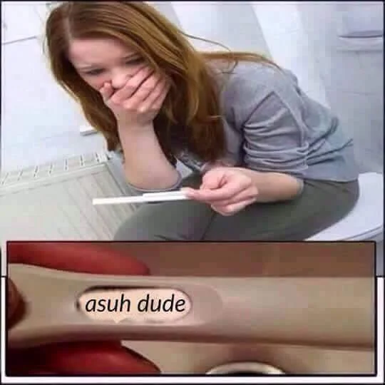 Two-panel meme with woman on bathroom floor holding pregnancy test with asuh dude label.
