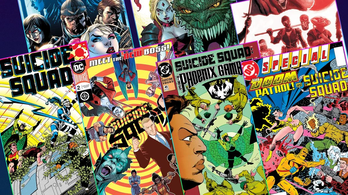 Collage of DC Suicide Squad comic book covers featuring Harley Quinn, King Shark and other team members