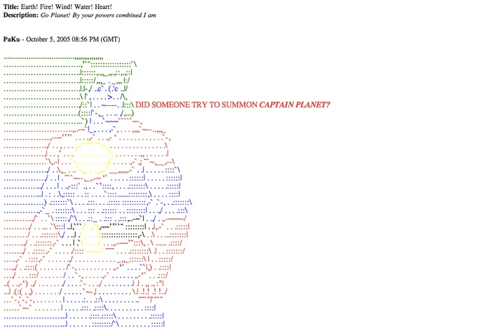 Summoning Captain Planet — Forum post with colored ASCII art asking if someone tried to summon Captain Planet