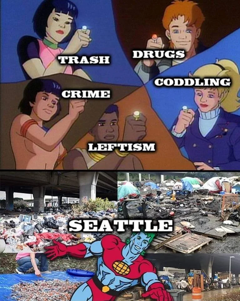 Planeteers with rings labeled trash, drugs, crime, coddling, leftism summoning Captain Planet as Seattle