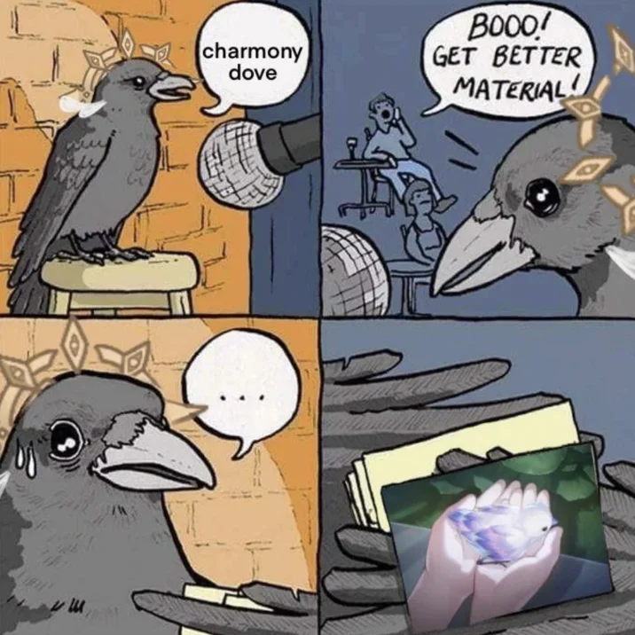 Sunday's "Charmony Dove" Copypasta — Four-panel crow-at-a-microphone meme in which 'charmony dove' is heckled, then the sad crow reveals the Honkai Star Rail