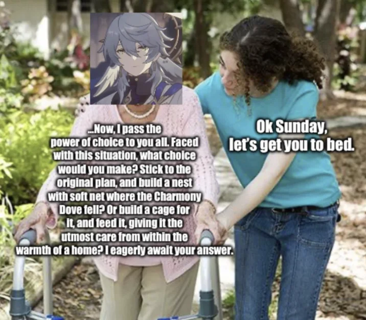 Sunday's "Charmony Dove" Copypasta — Elderly-woman-with-walker meme reimagined with Sunday delivering the Charmony Dove monologue as a caregiver tries to put