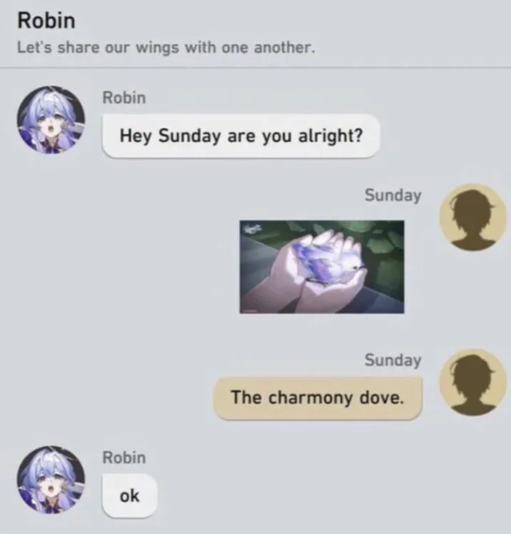 Sunday's "Charmony Dove" Copypasta — Mock Honkai Star Rail chat where Robin asks Sunday if he's okay and Sunday replies with the Charmony Dove image and the