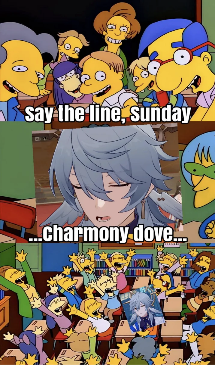 Sunday's "Charmony Dove" Copypasta — Simpsons 'say the line' meme reformatted with Sunday saying '...charmony dove...' to a cheering classroom.