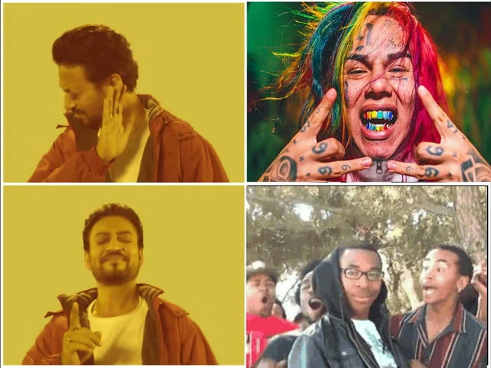 Four-panel meme collage featuring 6ix9ine and the Supa Hot Fire reaction shot in the bottom-right quadrant.