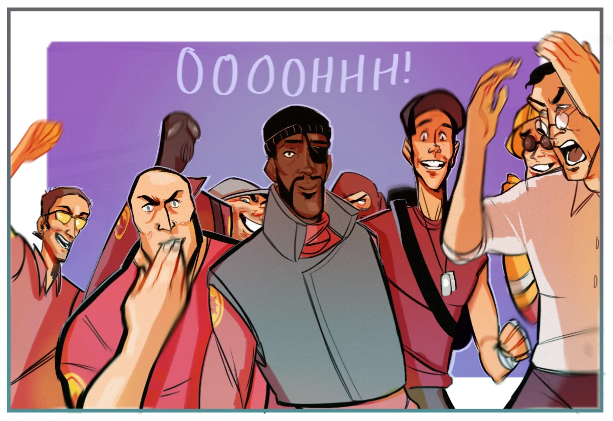 Illustrated Team Fortress 2 characters recreating the Supa Hot Fire reaction meme with 'Ooooohhh!' text overlay.