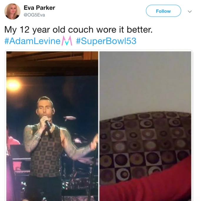 Tweet comparing Adam Levine's Super Bowl LIII halftime shirt to an old couch pattern.