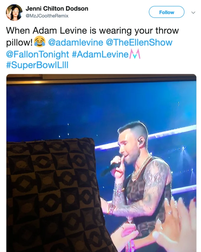 Super Bowl LIII — Tweet comparing Adam Levine's halftime outfit to a decorative throw pillow.