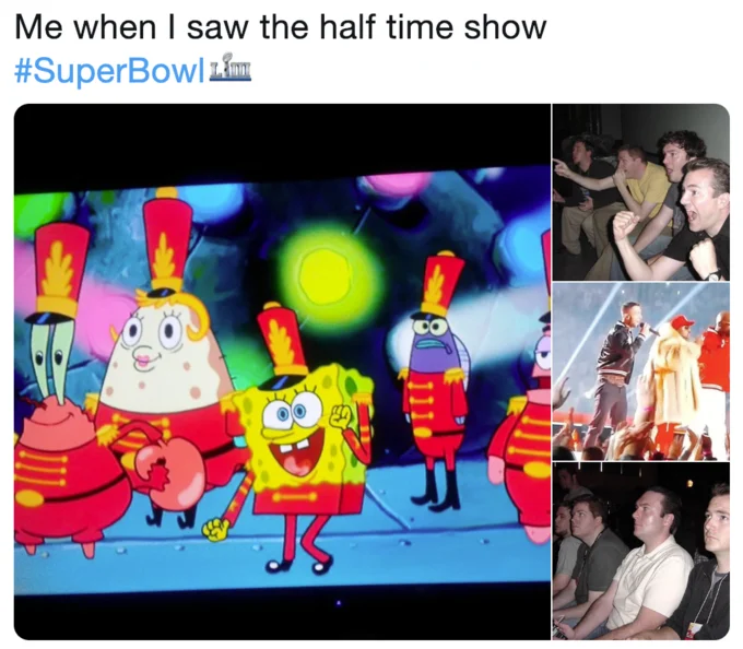Super Bowl LIII — Two-panel SpongeBob meme reading 'You used me... for SICKO MODE??' about Travis Scott's halftime performance.