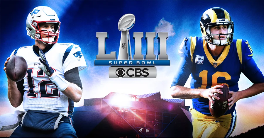 Super Bowl LIII CBS promo graphic showing Tom Brady and Jared Goff flanking the Super Bowl LIII logo.