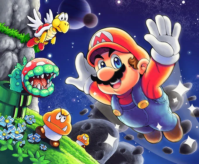 Super Mario Galaxy — Cartoon illustration of Mario jumping among asteroids with a Koopa Paratroopa, Piranha Plant, and Goomba.