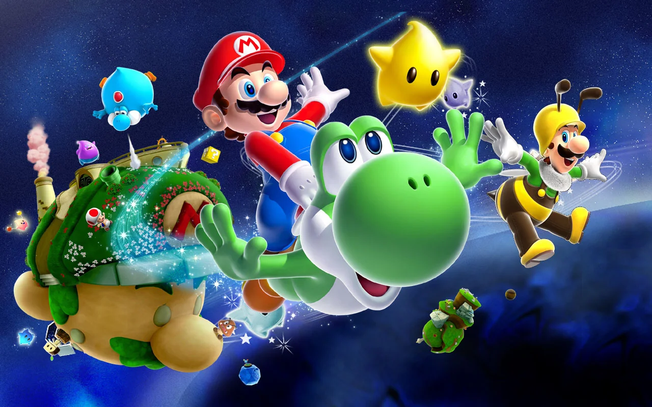Super Mario Galaxy 2 cast including Mario, Yoshi, Bee Luigi, and Baby Luma flying through a starry cosmos.