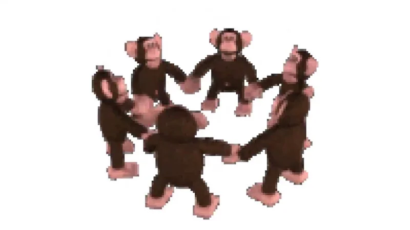 Super Mario World Ending Theme Monkey Circle — Retro pixel-art animation frame of monkeys arranged in circle holding hands and dancing in 16-bit style.