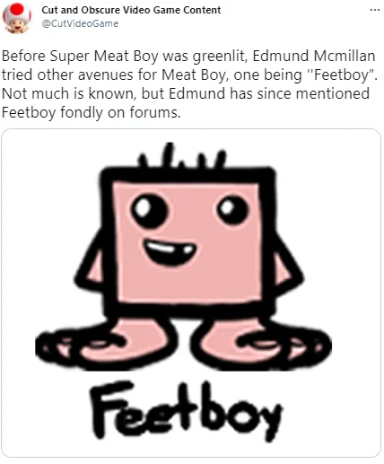 Tweet describing 'Feetboy,' a Super Meat Boy prototype character with feet