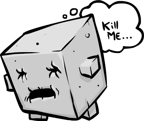 Super Meat Boy — Sad, battered Tofu Boy character saying 'kill me' in a thought bubble