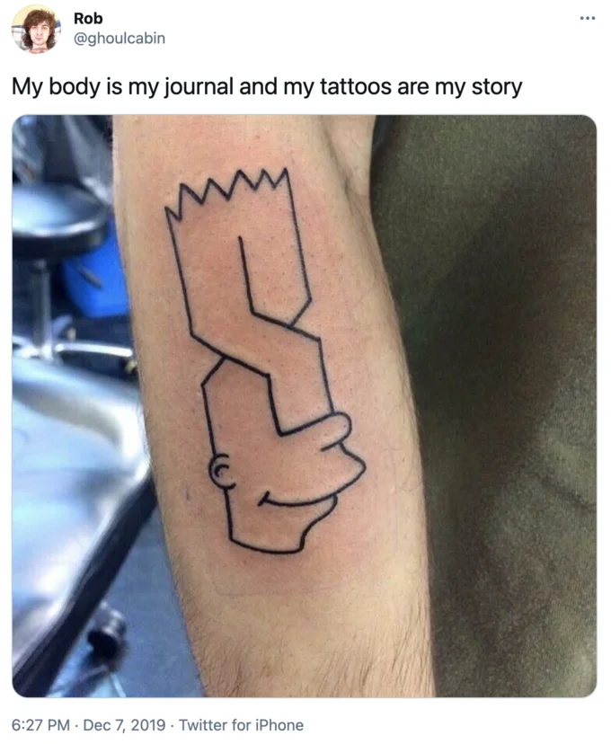 Super S Stussy — Tweet showing an arm tattoo of Bart Simpson's head drawn in the Super S geometric style