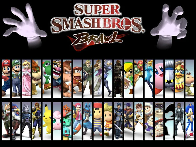 Super Smash Bros Character Predictions — Official Super Smash Bros Brawl promotional image with logo and complete roster strips.