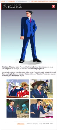 Super Smash Bros Character Predictions — Fan prediction webpage for Phoenix Wright from Ace Attorney with fighting style description.