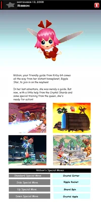 Super Smash Bros Character Predictions — Fan prediction webpage for Ribbon from Kirby 64 with bio, screenshots, and moves table.