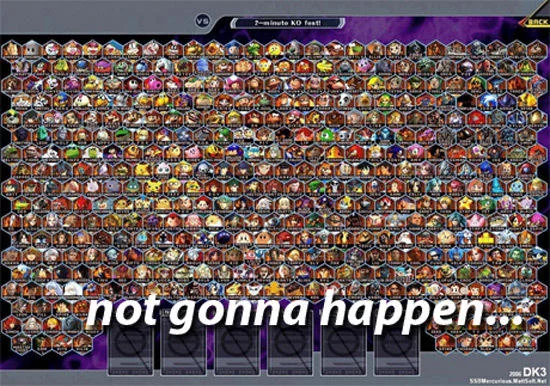 Super Smash Bros Character Predictions — Fan-created roster prediction screen with hundreds of character icons and 'not gonna happen' text.