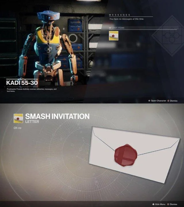 Super Smash Bros. Invitation Letter — Destiny 2 Postmaster screen showing a Super Smash Bros. invitation as a lost item