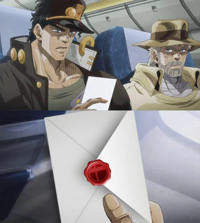 Super Smash Bros. Invitation Letter — JoJo's Bizarre Adventure characters examining a Smash Bros. invitation letter