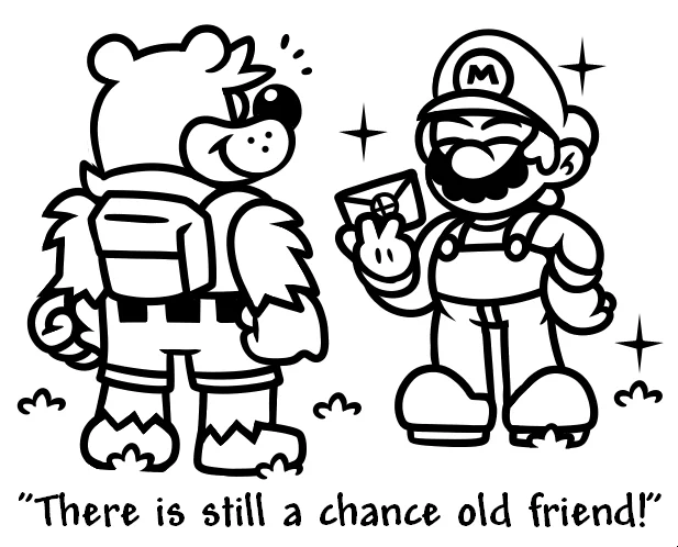 Super Smash Bros. Invitation Letter — Line art of Mario holding a Smash invitation next to a sad bear character