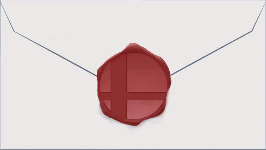 Super Smash Bros. Invitation Letter — White envelope sealed with a red wax stamp featuring the Super Smash Bros. logo