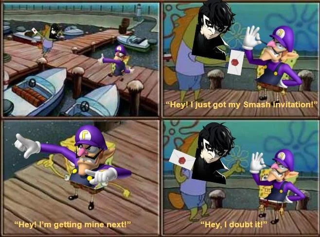 Super Smash Bros. Invitation Letter — SpongeBob meme edit featuring Joker and Waluigi discussing a Smash invitation