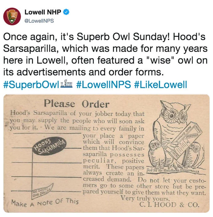 Superb Owl — Lowell NHP tweet showing vintage Hood's Sarsaparilla ad with an illustrated owl