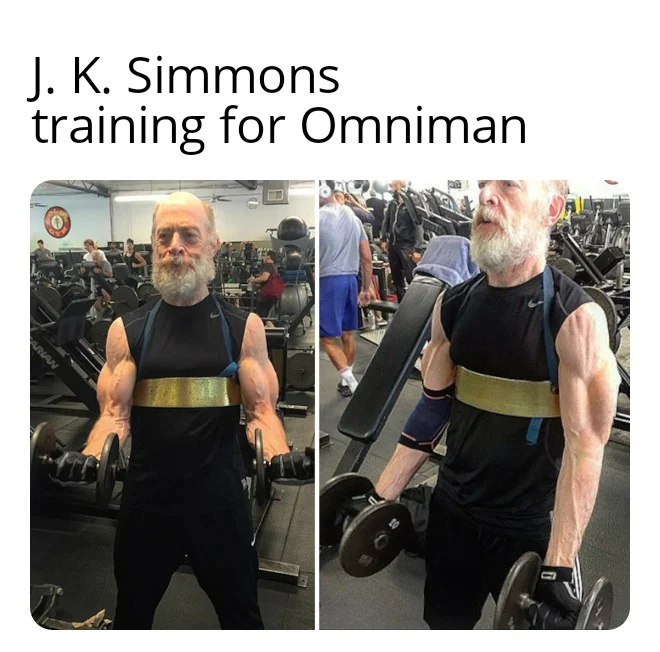 Superheroes — J.K. Simmons lifting dumbbells at the gym with caption about training for Omni-Man