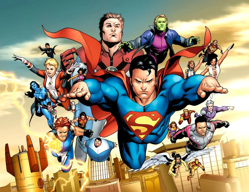 Superheroes — Legion of Super-Heroes team flying together with Superboy leading in a comic book illustration