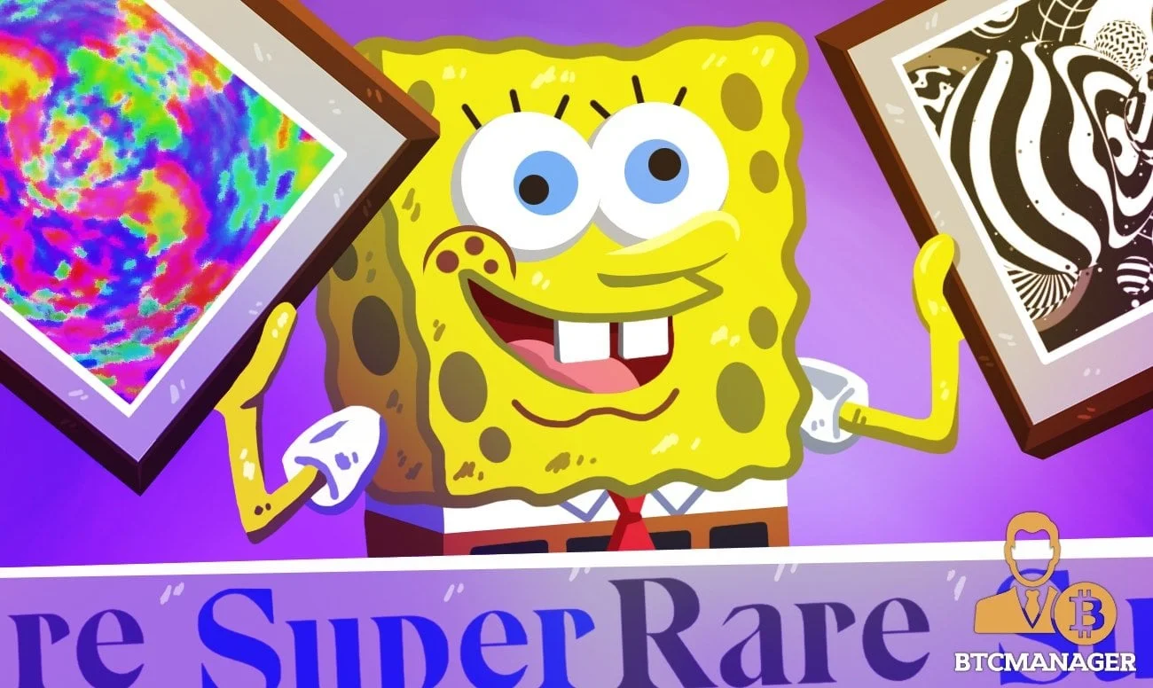 SuperRare — SpongeBob character surrounded by colorful framed digital artworks on vibrant purple background.