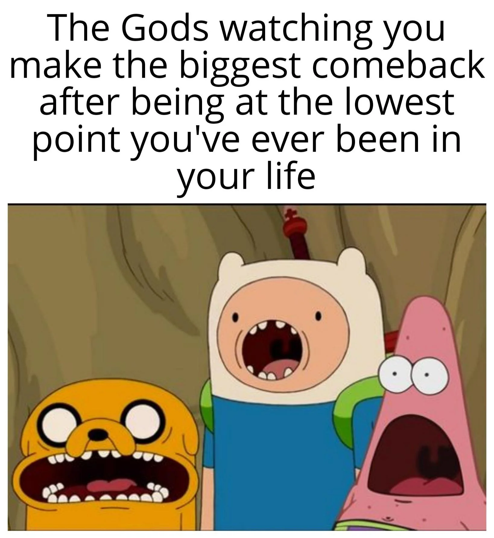 Adventure Time Finn and Jake with Surprised Patrick and caption about comeback
