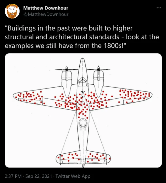 Tweet about 1800s buildings surviving to the present, illustrated with the survivorship bias plane