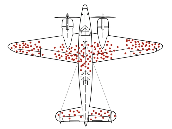 Survivorship Bias Plane — Line drawing of a twin-engine bomber plane covered in red dots representing bullet hole patterns