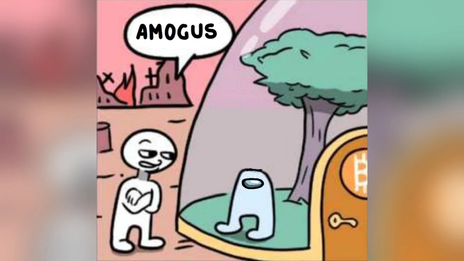 Sus Amogus — Cartoon character saying 'AMOGUS' with Among Us crewmate on pastel background.