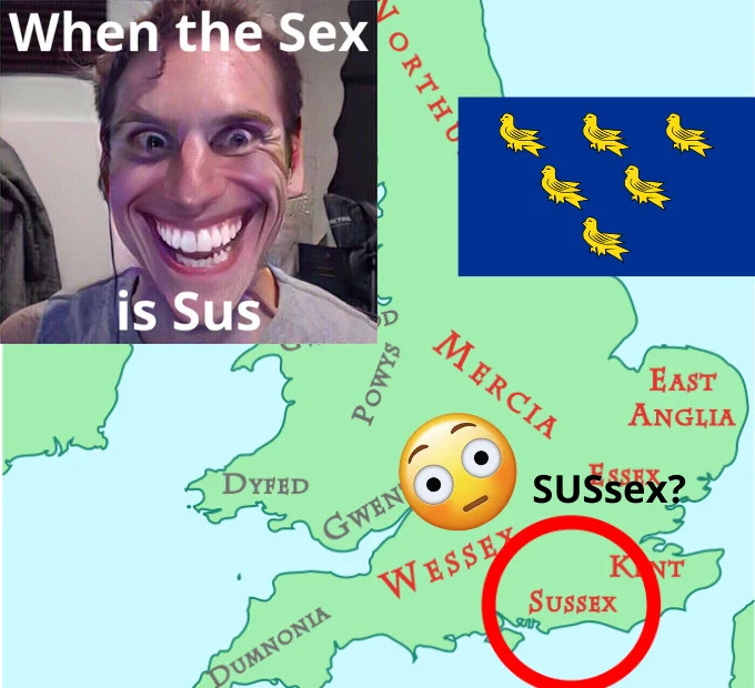 Sus Amogus — Reaction meme with excited man expression and 'When the Sex is Sus' text.