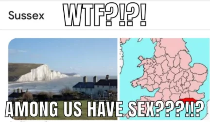 Sus Amogus — Hybrid meme combining Among Us reference with Sussex wordplay and Dover cliffs.