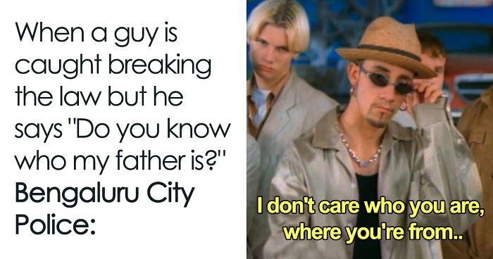 Suspect Caught on Camera — Two-panel meme comparing breaking law while claiming famous relative versus police ignoring claim.
