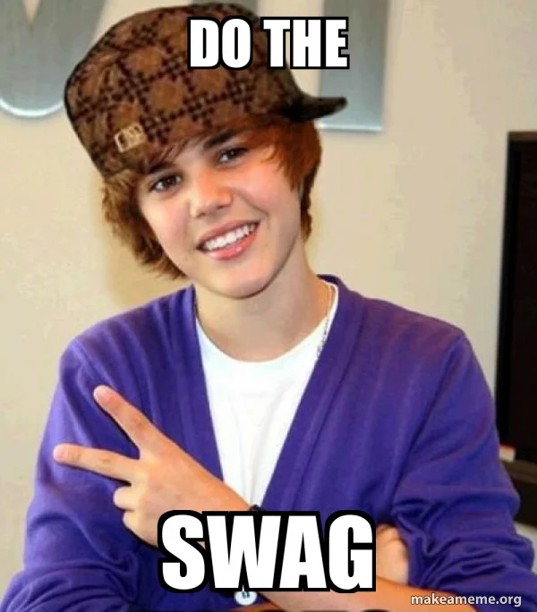 Person wearing oversized brown cap and purple cardigan making hand gesture with 'DO THE SWAG' text.