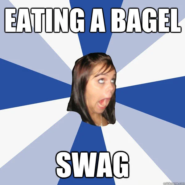 Woman's photo with blue background and 'EATING A BAGEL / SWAG' text.