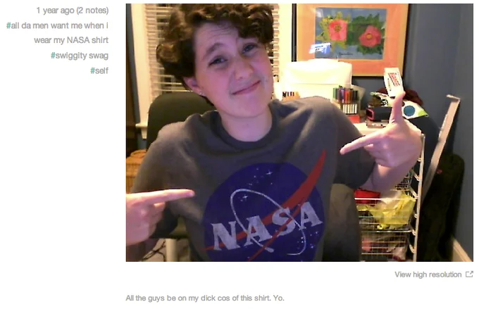 Social media screenshot of person in NASA shirt with peace sign and #swag hashtags.