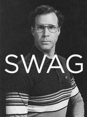 Vintage black and white portrait of man in striped shirt with 'SWAG' overlay.