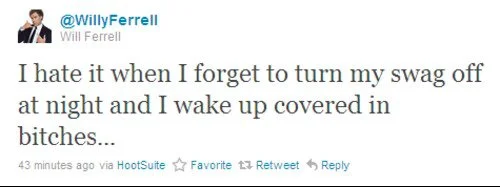 Screenshot of @WillyFerrell tweet about forgetting to turn swag off at night.