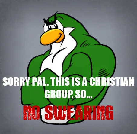 Swearing on a Christian Server — Muscular green Club Penguin character with text 'Sorry pal, this is a Christian group, so no swearing'
