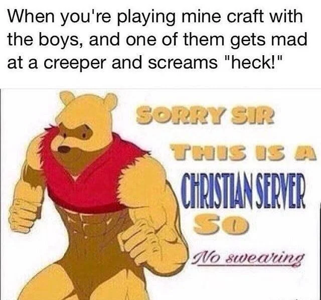 Swearing on a Christian Server — Minecraft heck scenario meme paired with buff Winnie the Pooh Christian server image