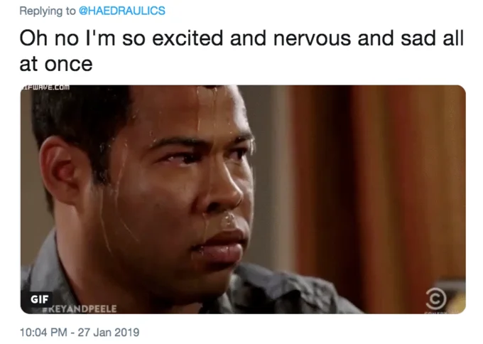Sweating Jordan Peele — Twitter reply using sweating GIF to express mixed emotions