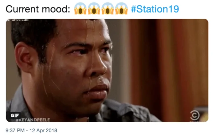 Sweating Jordan Peele — Twitter post about Station 19 TV show using sweating GIF