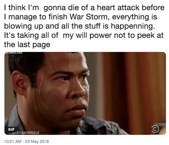 Sweating Jordan Peele — Twitter post about book reading anxiety using sweating GIF